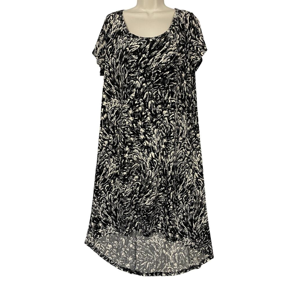 Ellos Dress Women Medium 14 16 Black Feather Print Hi Low Midi Flowy Slinky Knit